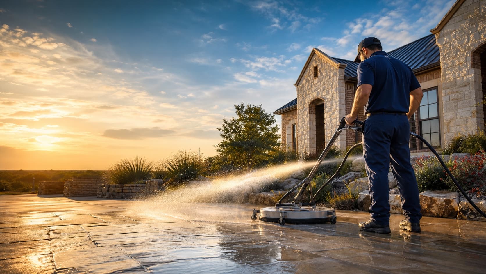 Pressure washing a limestone driveway under a wide West Texas sky